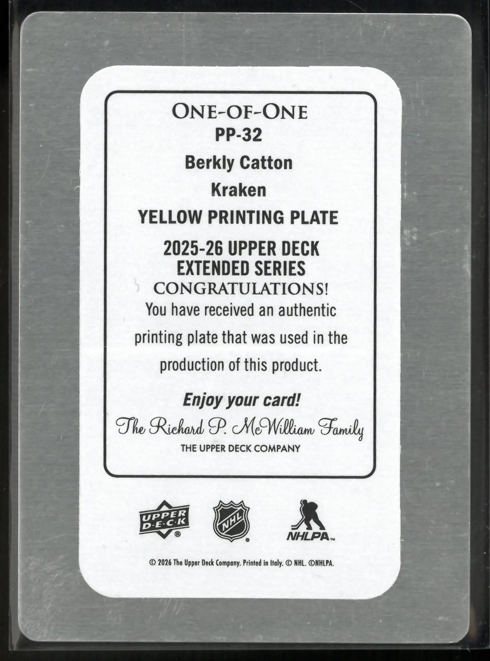 2025 UD Extended Series Yellow Printing Plate Prospects Berkly Catton 1/1 