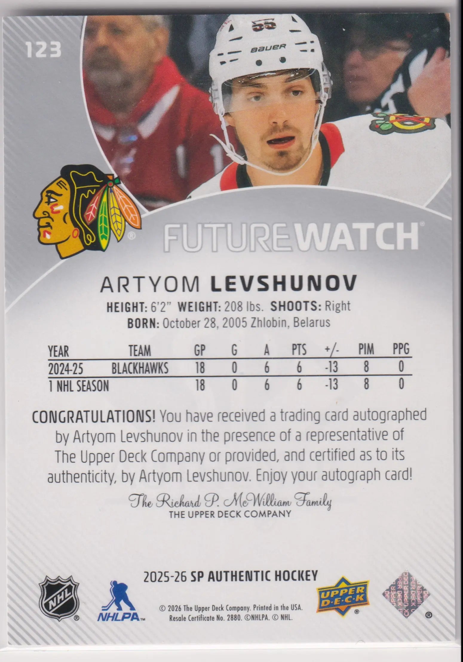 2025 UD SP Authentic Future Watch Rookie Autograph Artyom Levshunov Auto /999 RC 