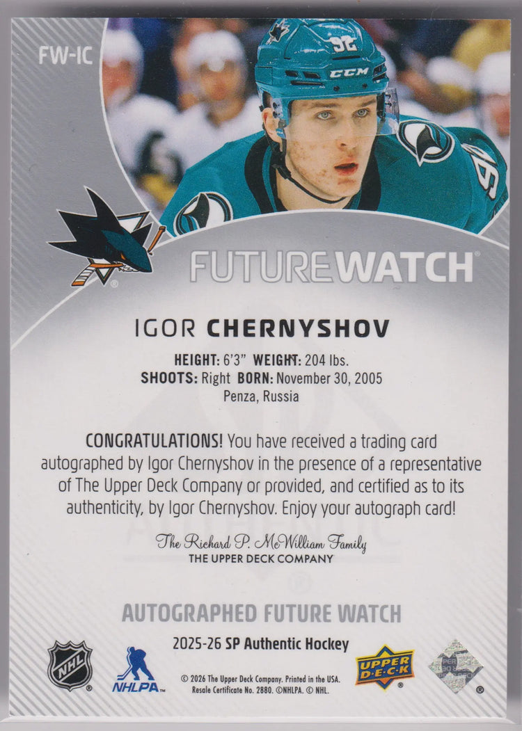 2025 UD SP Authentic Future Watch Rookie Autograph Igor Chernyshov Auto /599 RC 