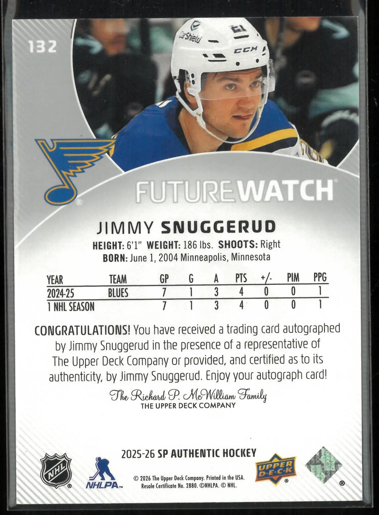 2025 UD SP Authentic Future Watch Rookie Autograph Jimmy Snuggerud Auto /999 RC 