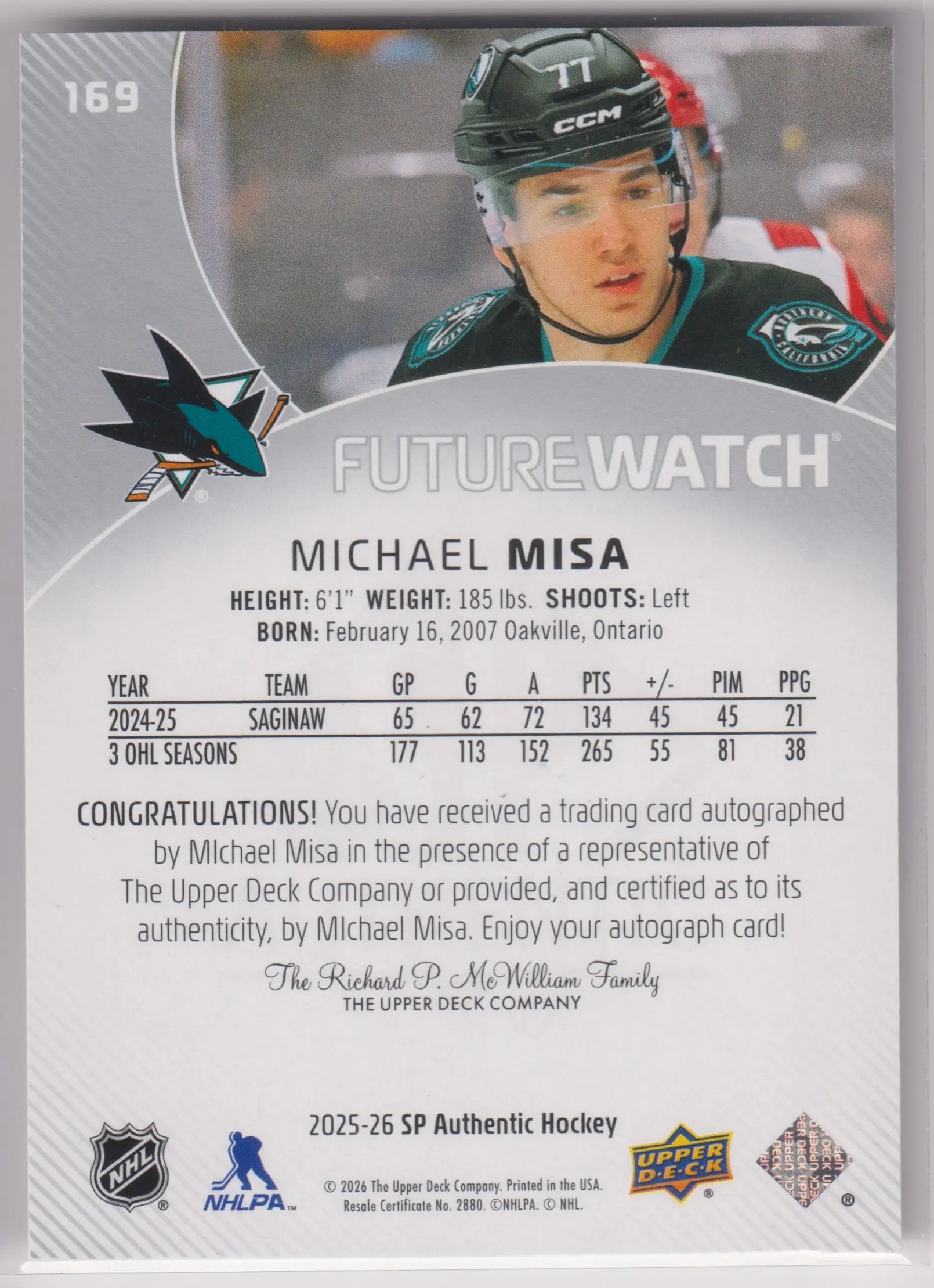 2025 UD SP Authentic Future Watch Rookie Autograph Michael Misa Auto /999 RC 