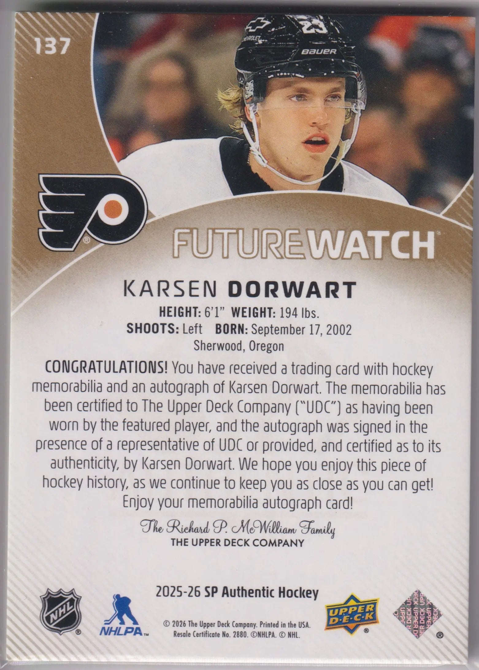 2025 UD SP Authentic Future Watch Rookie Patch Autograph Karsen Dorwart /100 