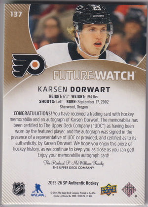 2025 UD SP Authentic Future Watch Rookie Patch Autograph Karsen Dorwart /100 