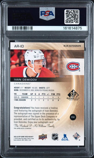 2025 UD SP Game Used Authentic Rookies Auto Ivan Demidov RC Blue Autograph PSA 9 