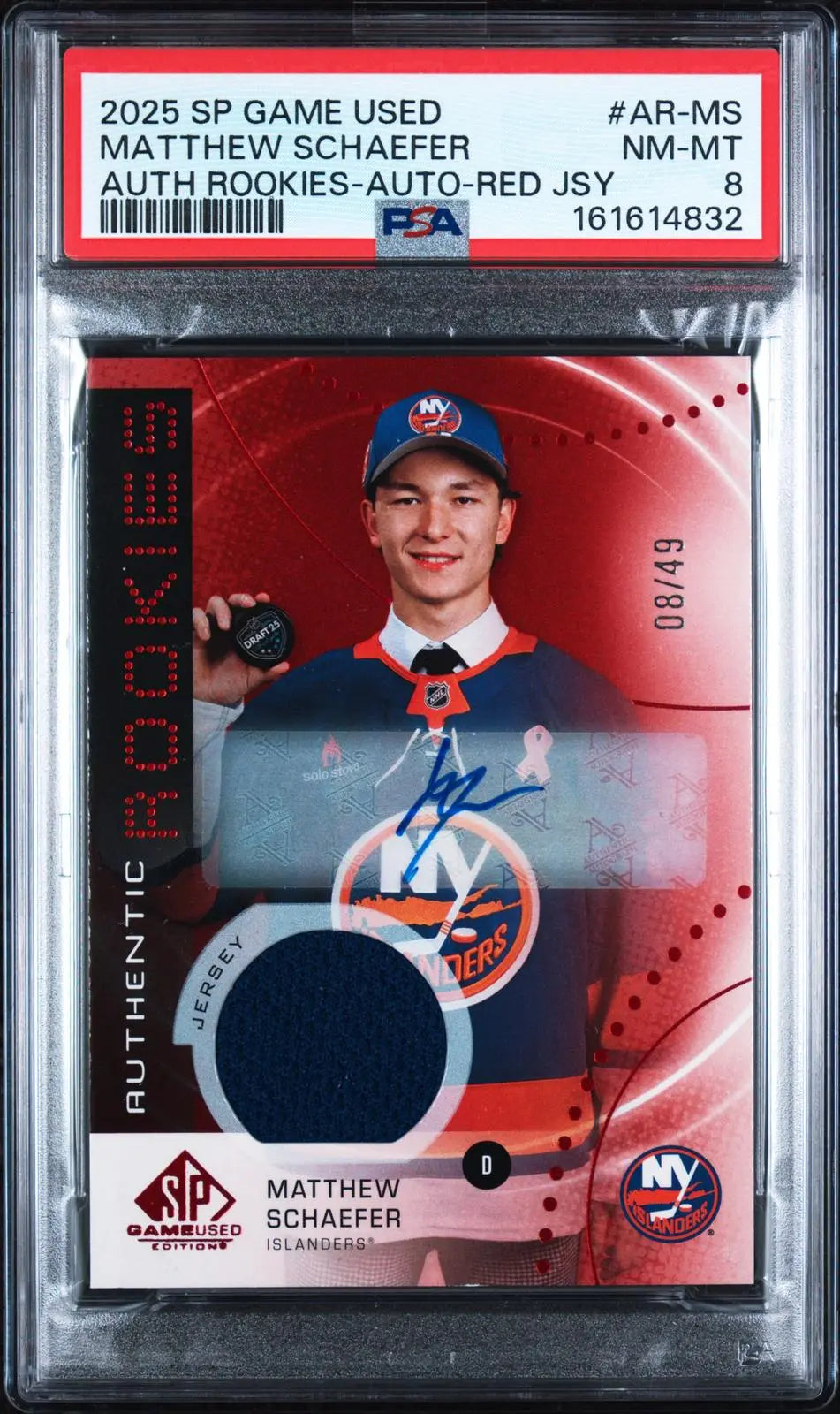 2025 UD SP Game Used Authentic Rookies Auto Patch Matthew Schaefer Red /49 PSA 8 