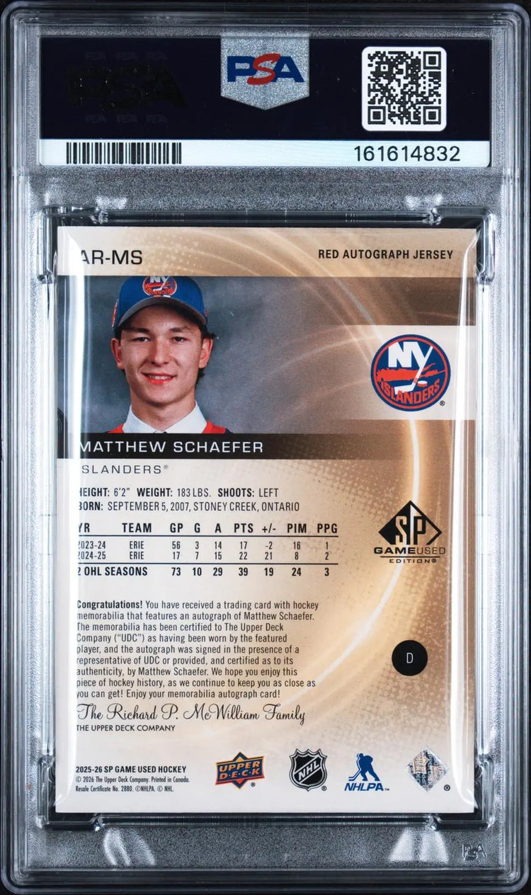 2025 UD SP Game Used Authentic Rookies Auto Patch Matthew Schaefer Red /49 PSA 8 