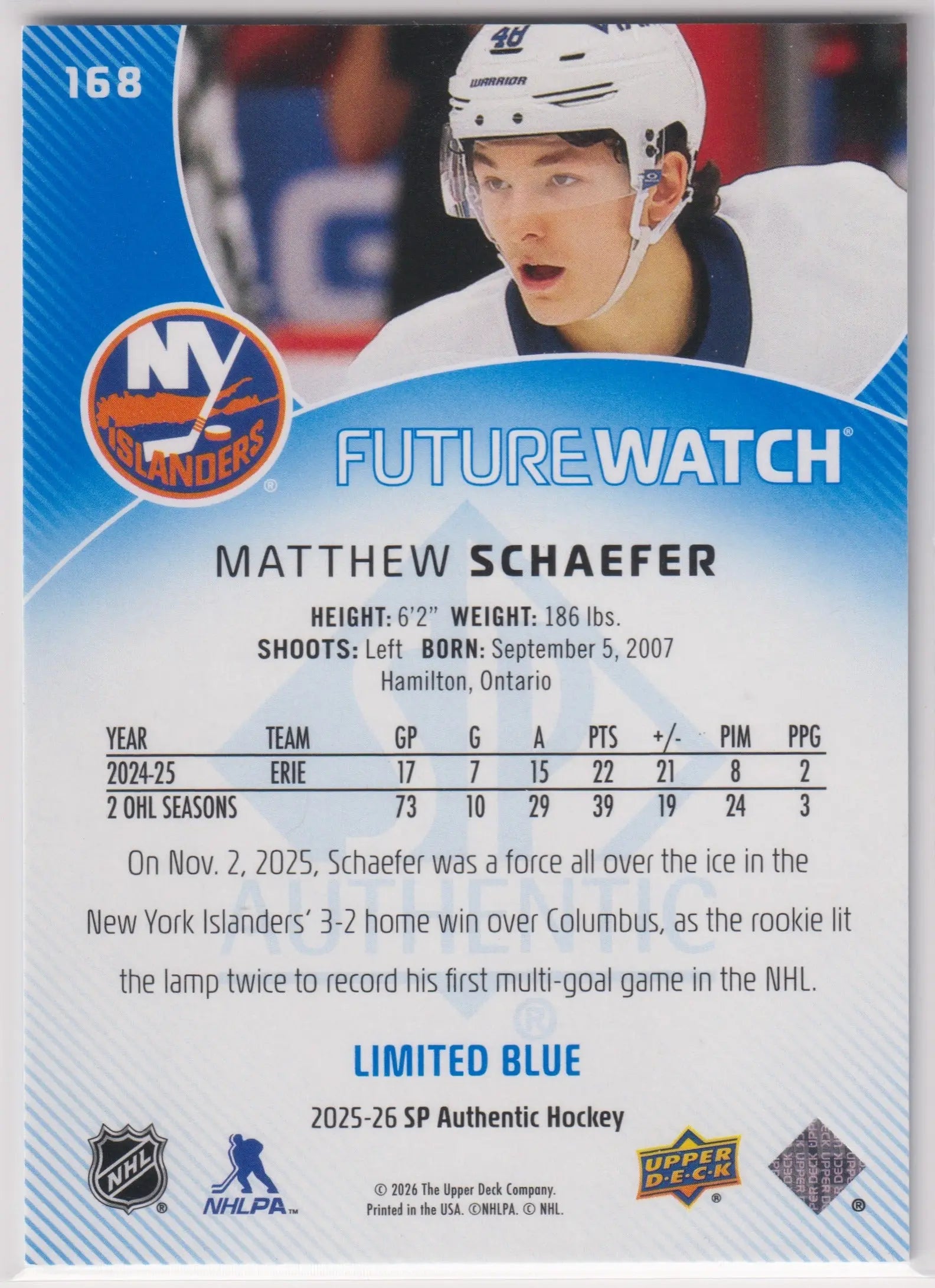 2025 UD Sp Authentic Future Watch Rookie Matthew Schaefer Limited Blue /399 RC 