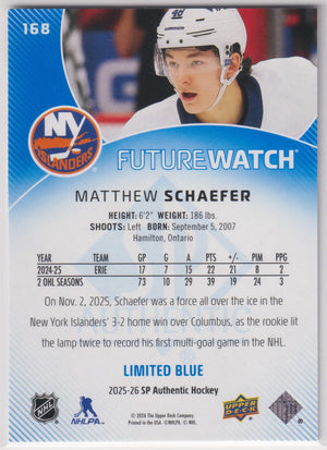 2025 UD Sp Authentic Future Watch Rookie Matthew Schaefer Limited Blue /399 RC 