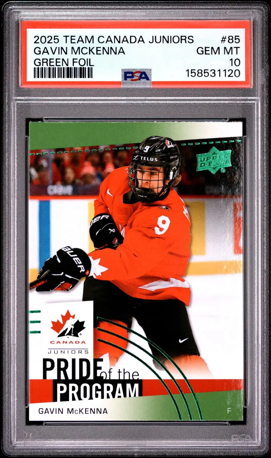 2025 UD Team Canada Juniors Pride of the Program Gavin McKenna Green Foil PSA 10 