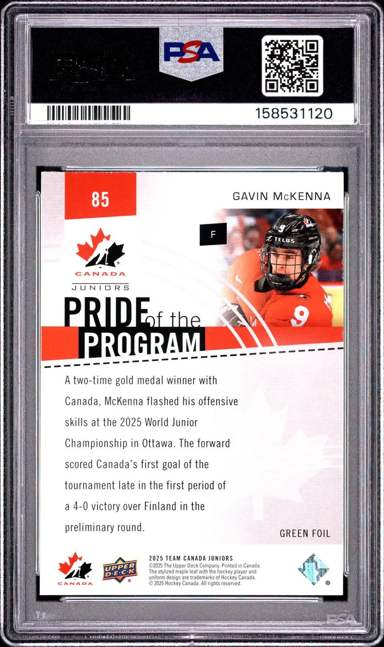 2025 UD Team Canada Juniors Pride of the Program Gavin McKenna Green Foil PSA 10 