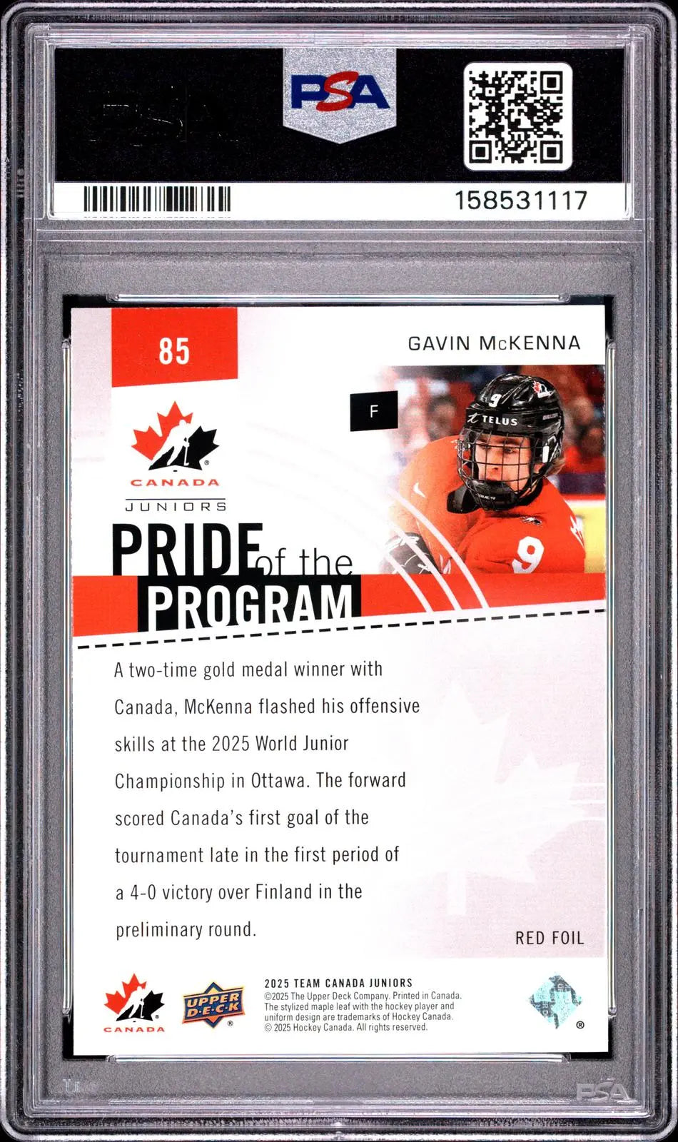 2025 UD Team Canada Juniors Pride of the Program Gavin McKenna Red Foil PSA 10 