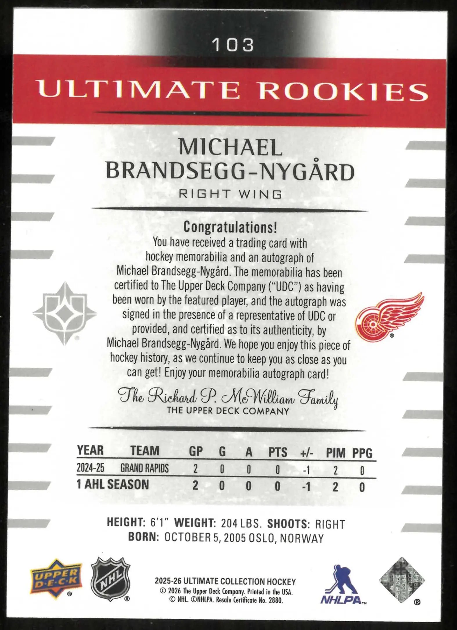 2025 UD Ultimate Collection Michael Brandsegg-Nygard Rookies Auto Patch /99 
