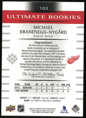 2025 UD Ultimate Collection Michael Brandsegg-Nygard Rookies Auto Patch /99 