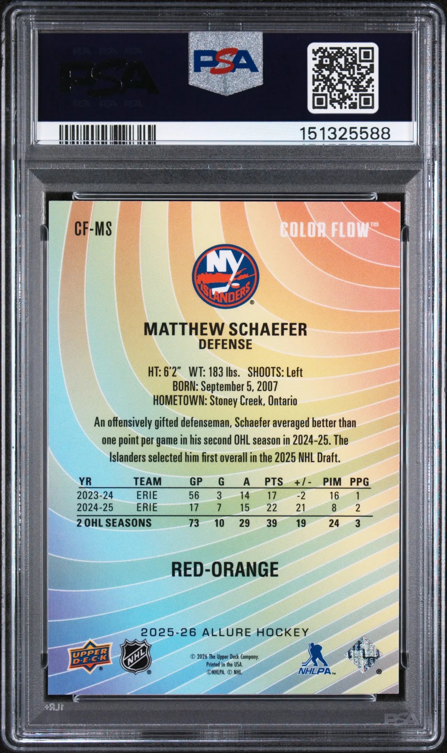 2025 Upper Deck Allure Color Flow Matthew Schaefer #CF-MS Red Orange PSA 10 