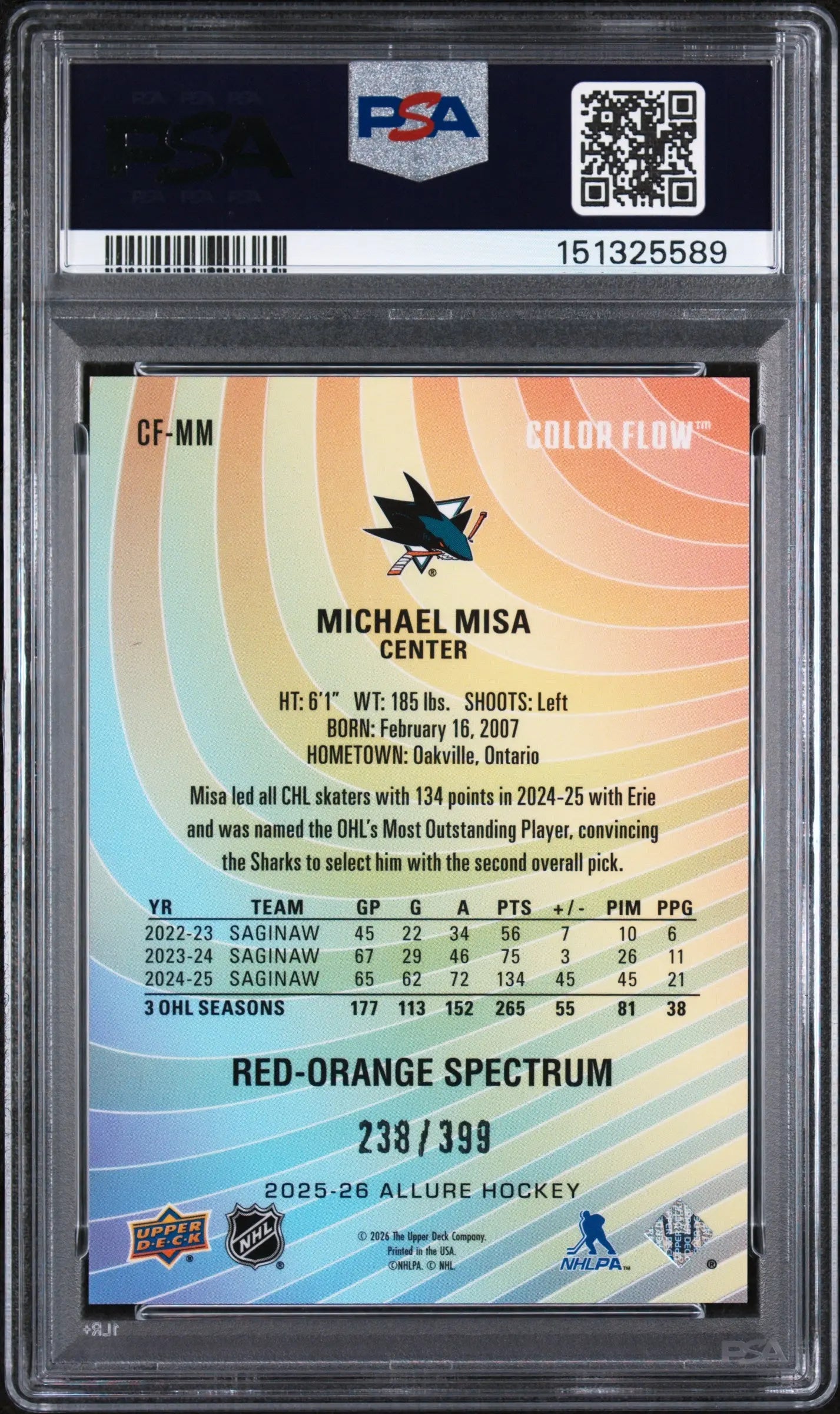 2025 Upper Deck Allure Color Flow Michael Misa #CF-MM Red Org Spct PSA 10 