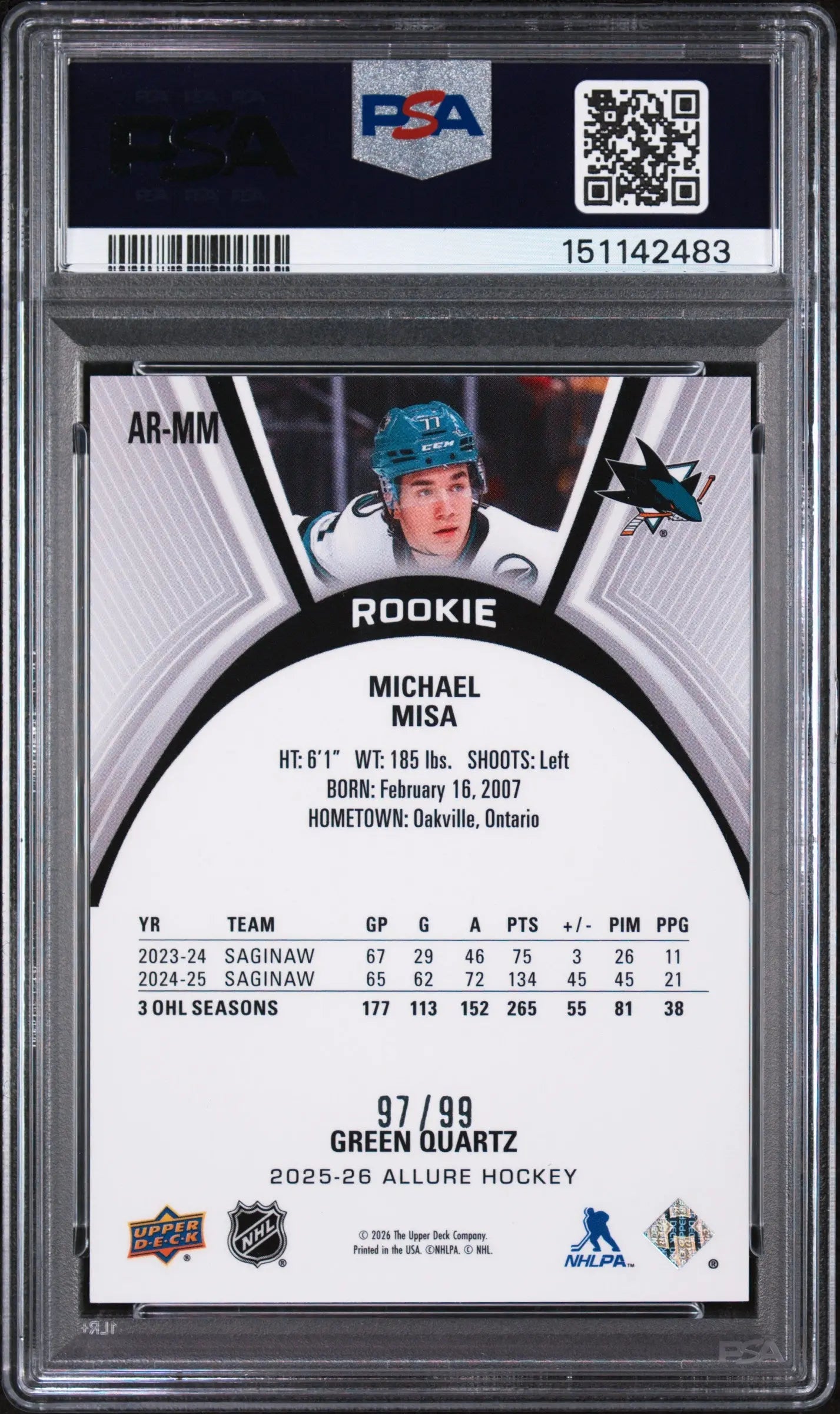 2025 Upper Deck Allure Extended Green Quartz Rookies Michael Misa /99 PSA 10 