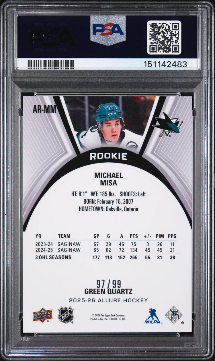 2025 Upper Deck Allure Extended Green Quartz Rookies Michael Misa /99 PSA 10 