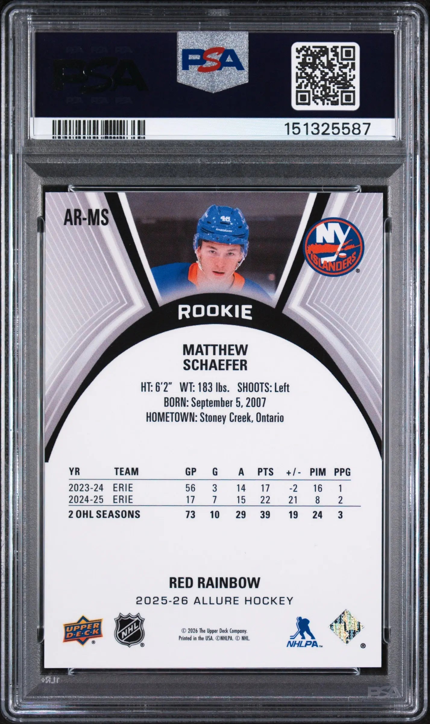 2025 Upper Deck Allure Extended Rookies Matthew Schaefer #AR-MS RK Red Rainbow PSA 10 