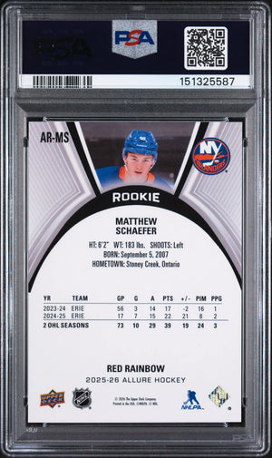 2025 Upper Deck Allure Extended Rookies Matthew Schaefer #AR-MS RK Red Rainbow PSA 10 
