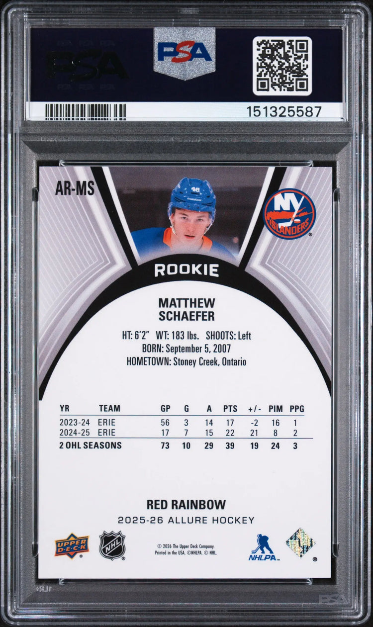 2025 Upper Deck Allure Extended Rookies Matthew Schaefer #AR-MS RK Red Rainbow PSA 10 
