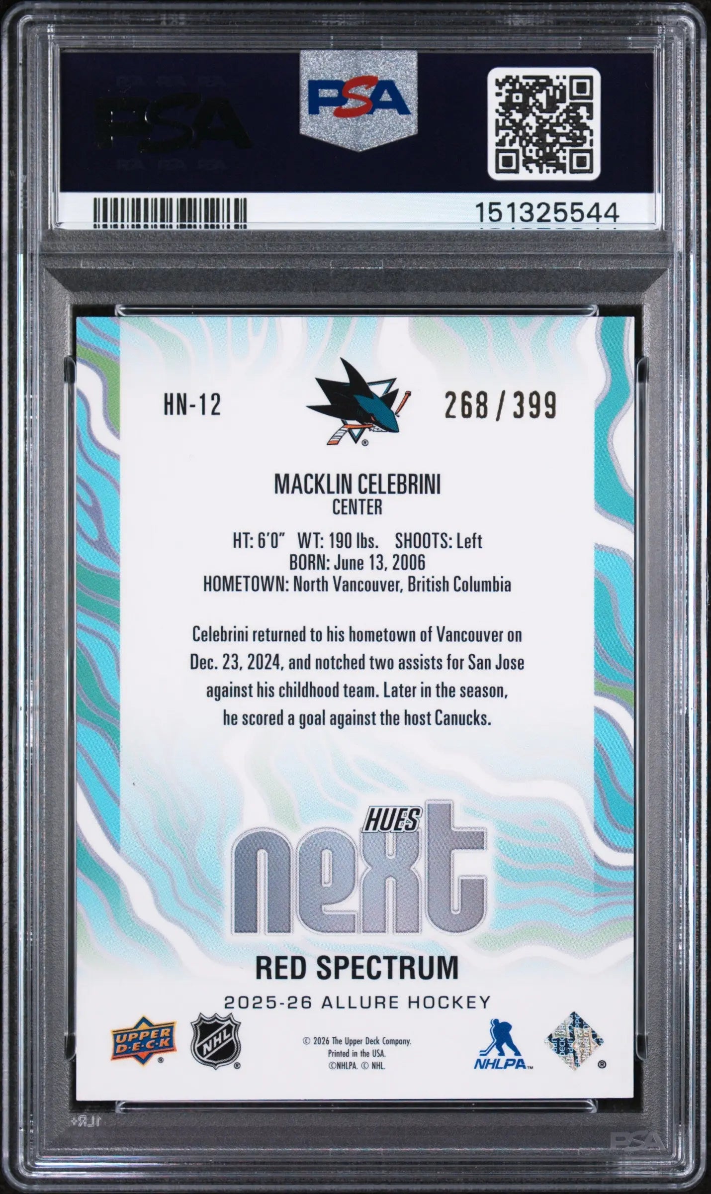 2025 Upper Deck Allure Hues Next Macklin Celebrini #HN-12 Spectrum PSA 8 