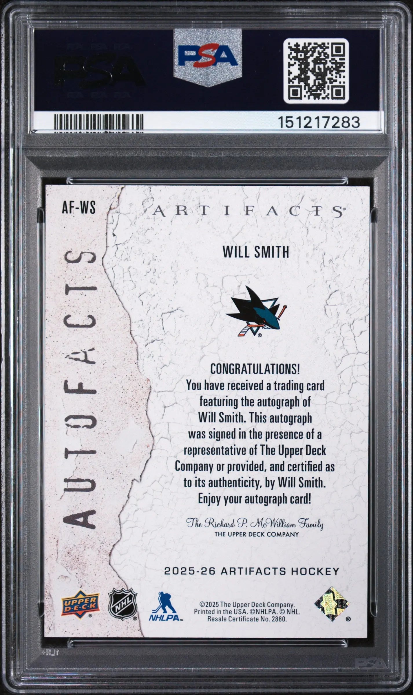 2025 Upper Deck Artifacts Autofacts Will Smith #AF-WS PSA 10 