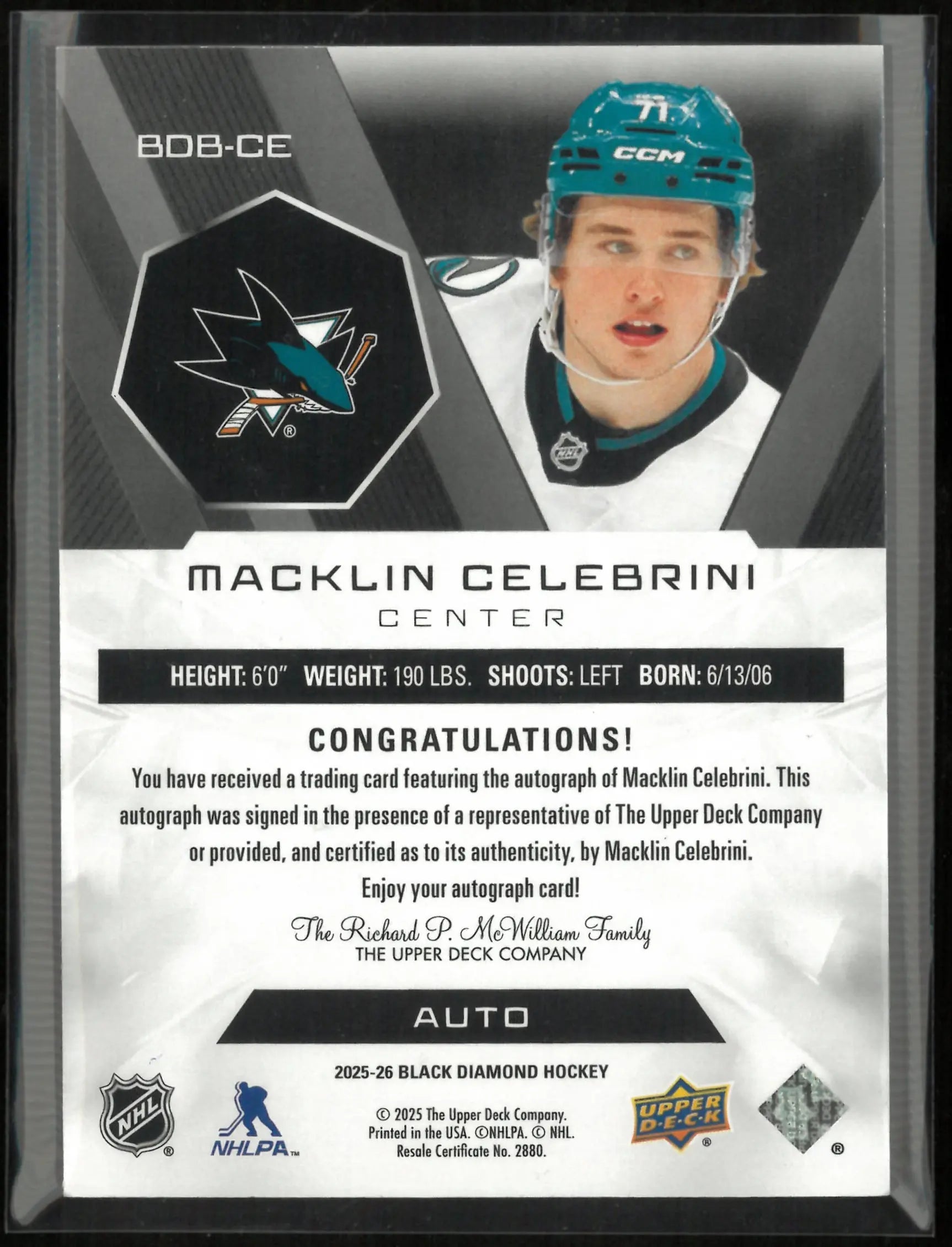 2025 Upper Deck Black Diamond Auto Macklin Celebrini 14/25 