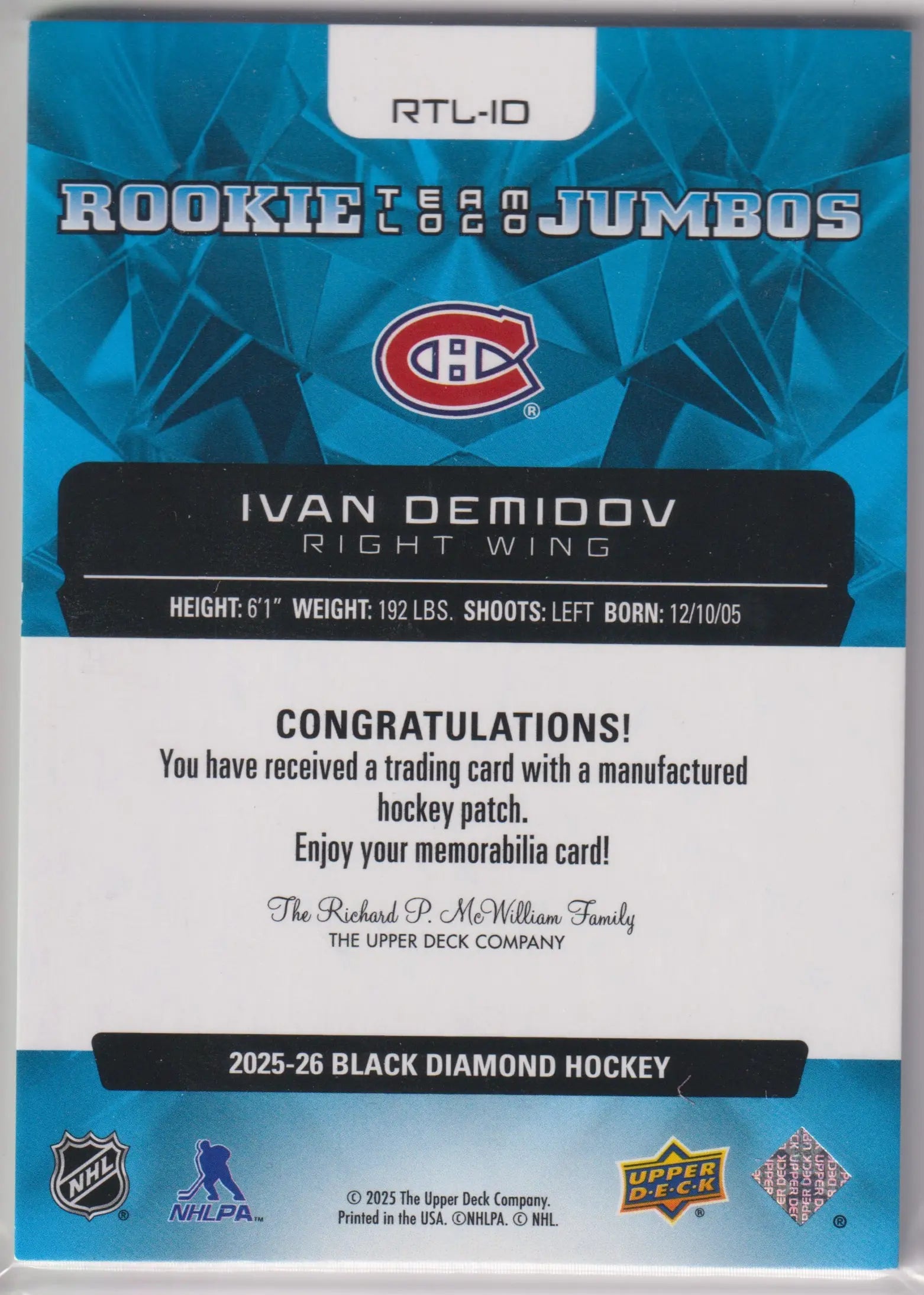 2025 Upper Deck Black Diamond Rookie Jumbos Team Logo Patch Ivan Demidov RC 