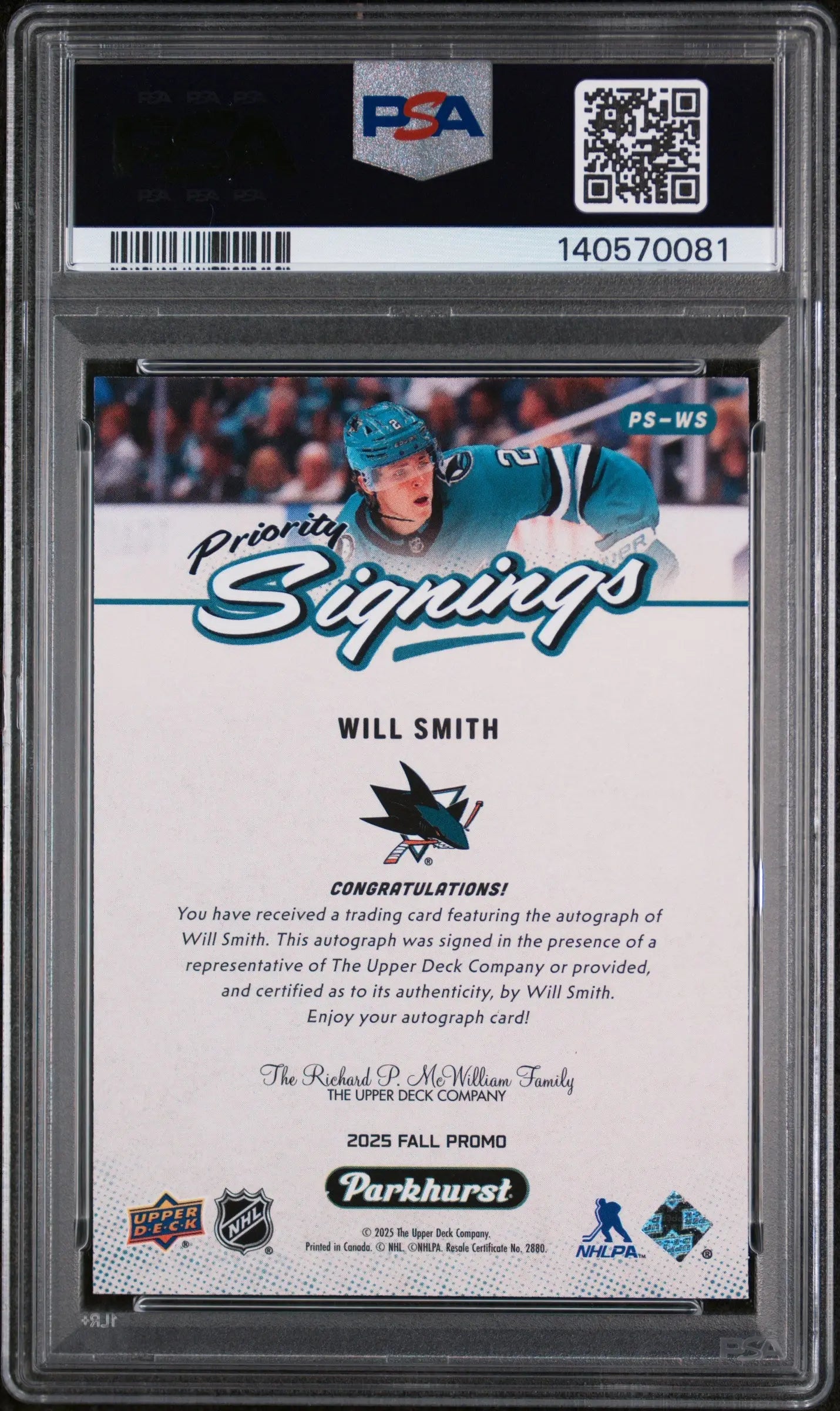 2025 Upper Deck Fall Expo Parkhurst Priority Signings Will Smith Auto /75 PSA 9 