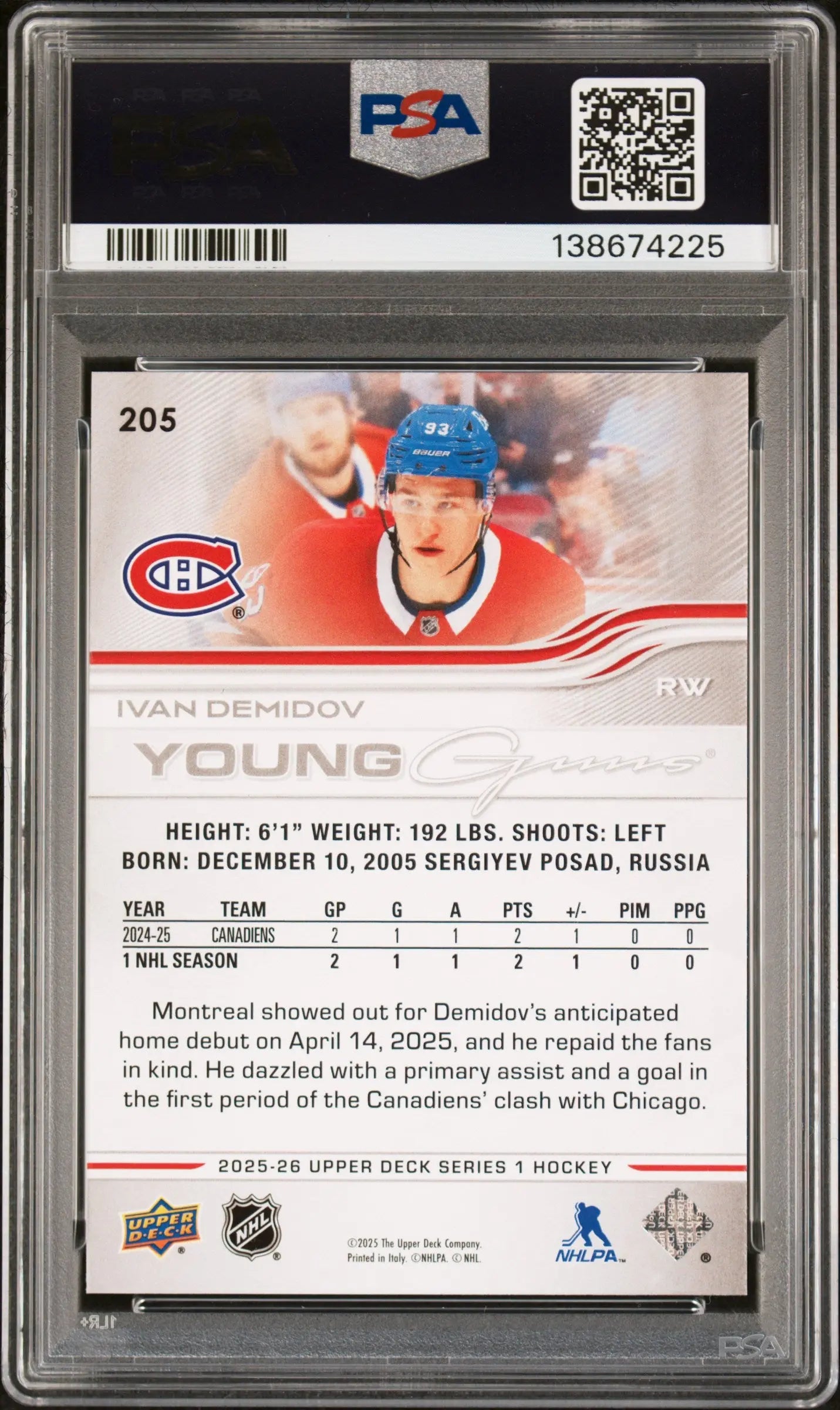 2025 Upper Deck Ivan Demidov Young Guns RC Rookie  #205 PSA 9 