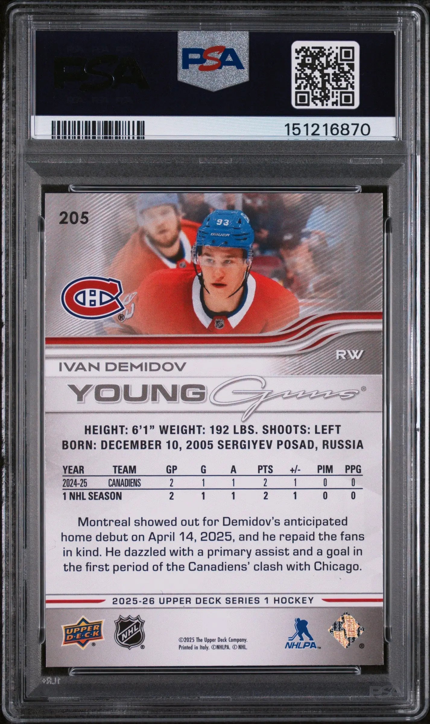 2025 Upper Deck Ivan Demidov #205 PSA 8 
