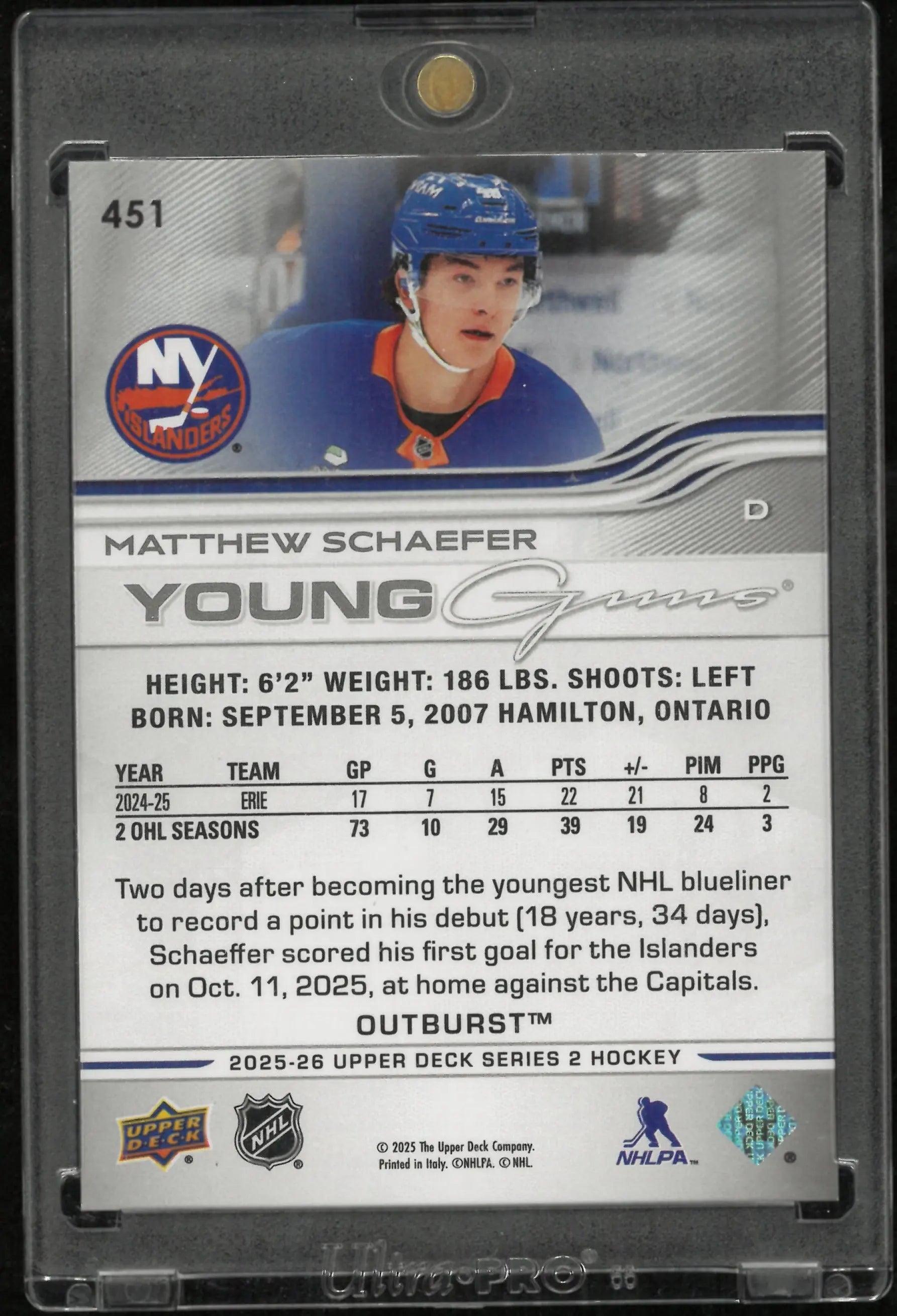 2025 Upper Deck Matthew Schaefer Outburst Young Guns 