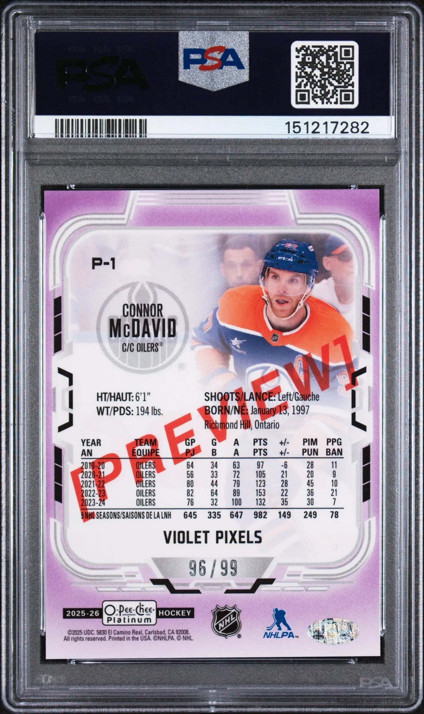 2025 Upper Deck O-Pee-Chee O-Pee-Chee Platinum Preview Connor McDavid #P-1 Opc PLT Prvw Violet Pixels PSA 9 