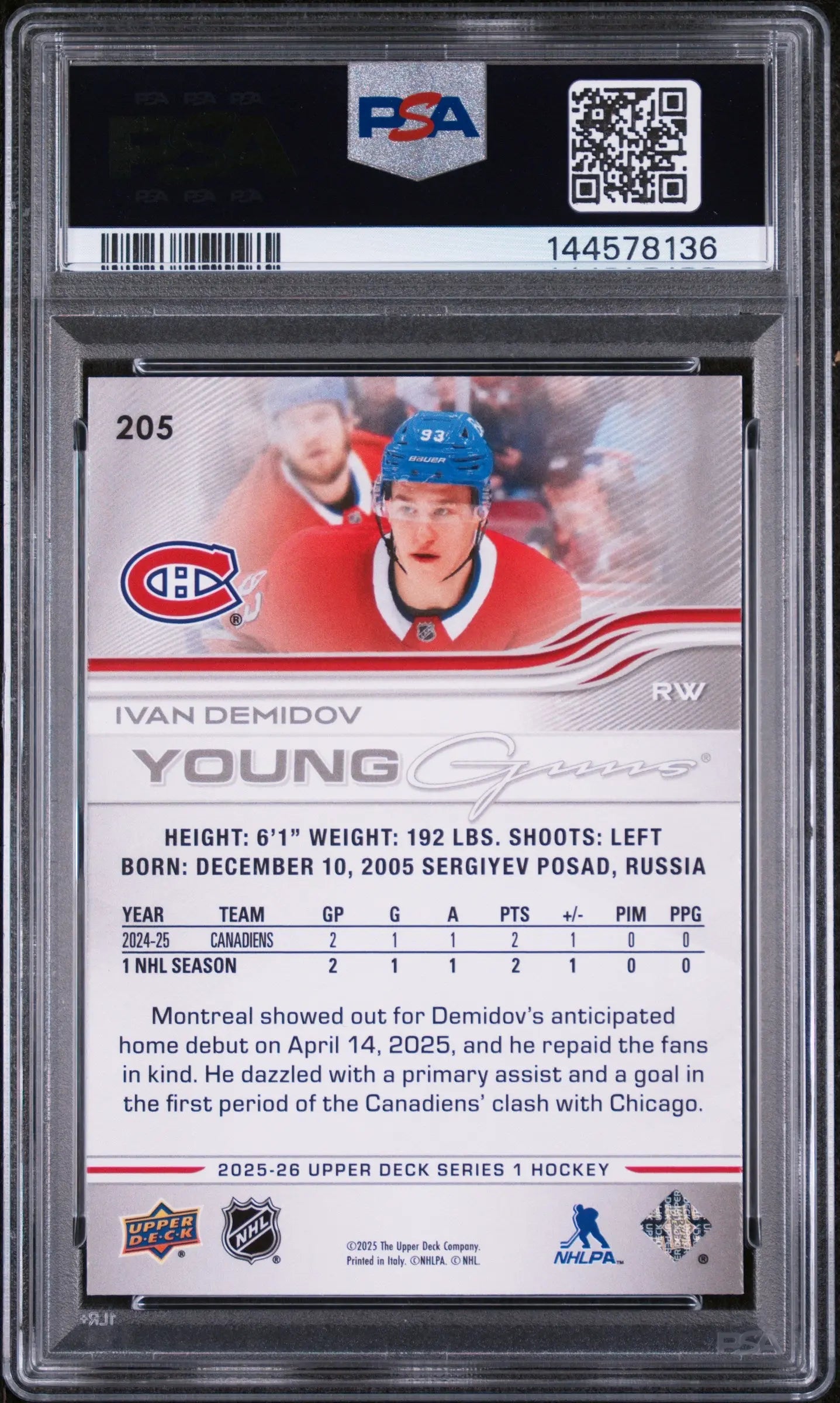 2025 Upper Deck Series 1 Young Guns Rookie Ivan Demidov RC PSA 9 