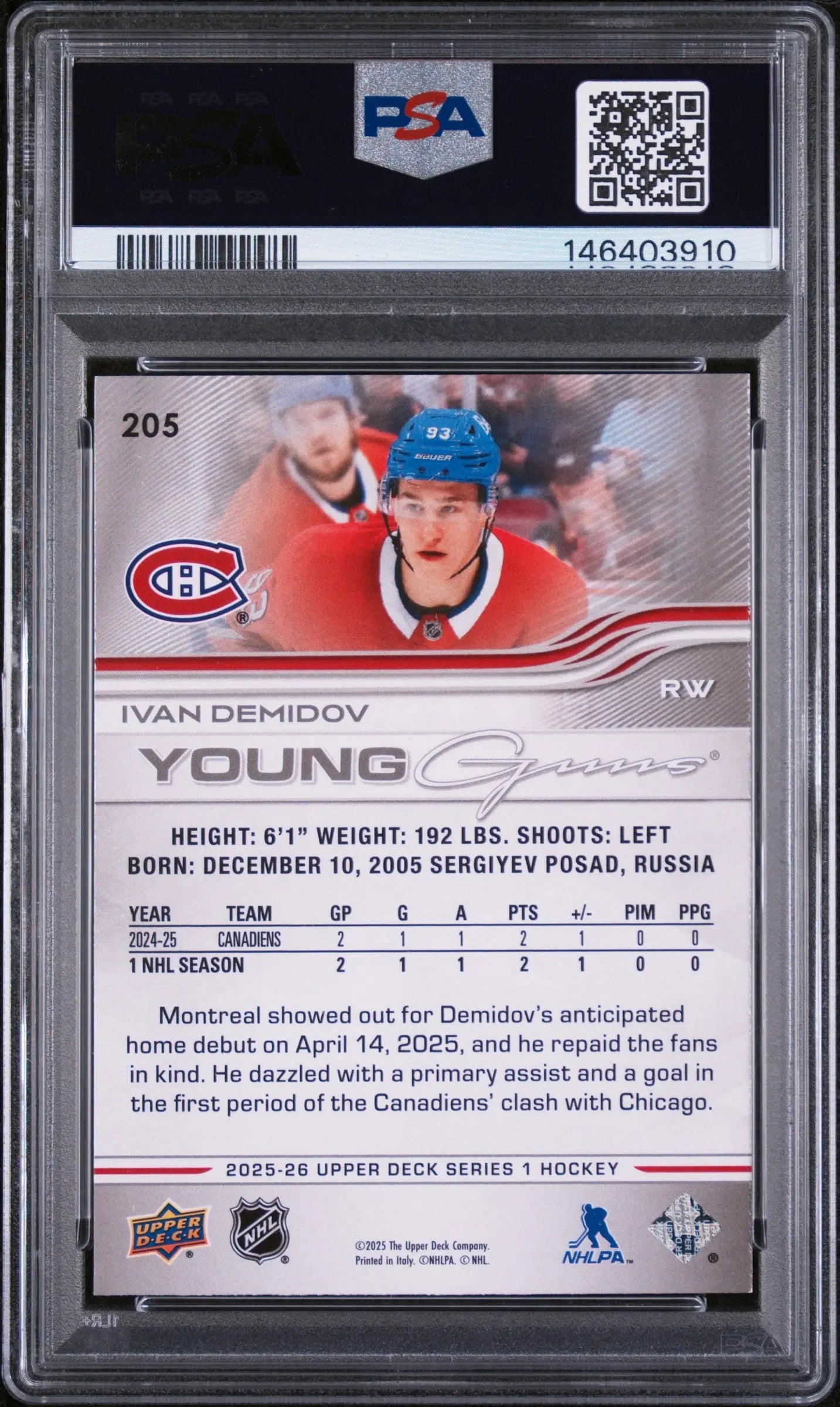 2025 Upper Deck Series 1 Young Guns Rookie Ivan Demidov RC PSA 9 