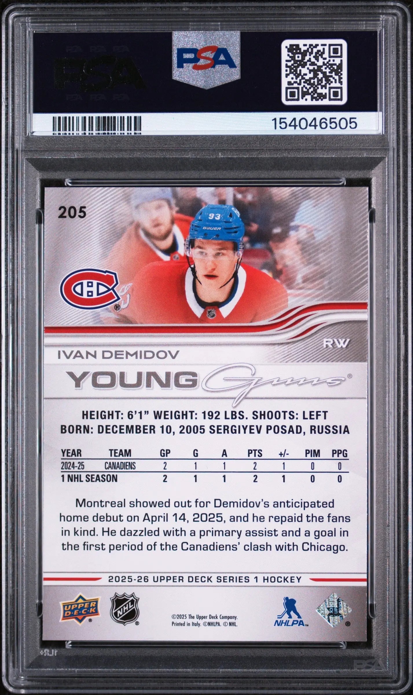 2025 Upper Deck Series 1 Young Guns Rookie Ivan Demidov RC PSA 9 (A) 