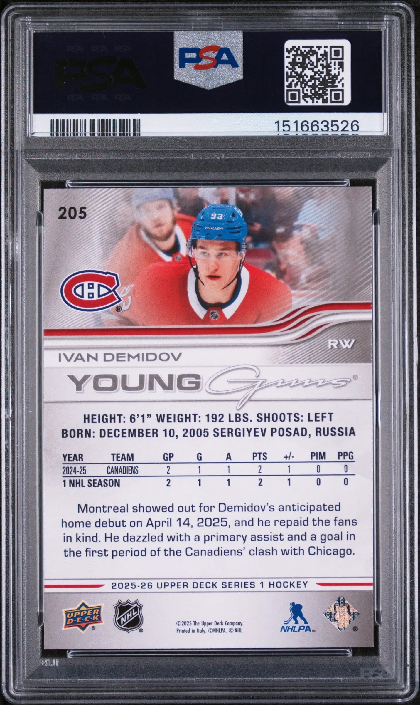 2025 Upper Deck Series 1 Young Guns Rookie Ivan Demidov #205 PSA 9 