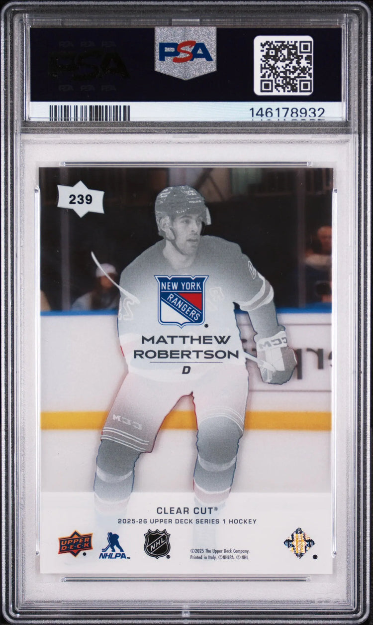 2025 Upper Deck Series 1 Young Guns Rookie Matthew Robertson Clear Cut RC PSA 10 