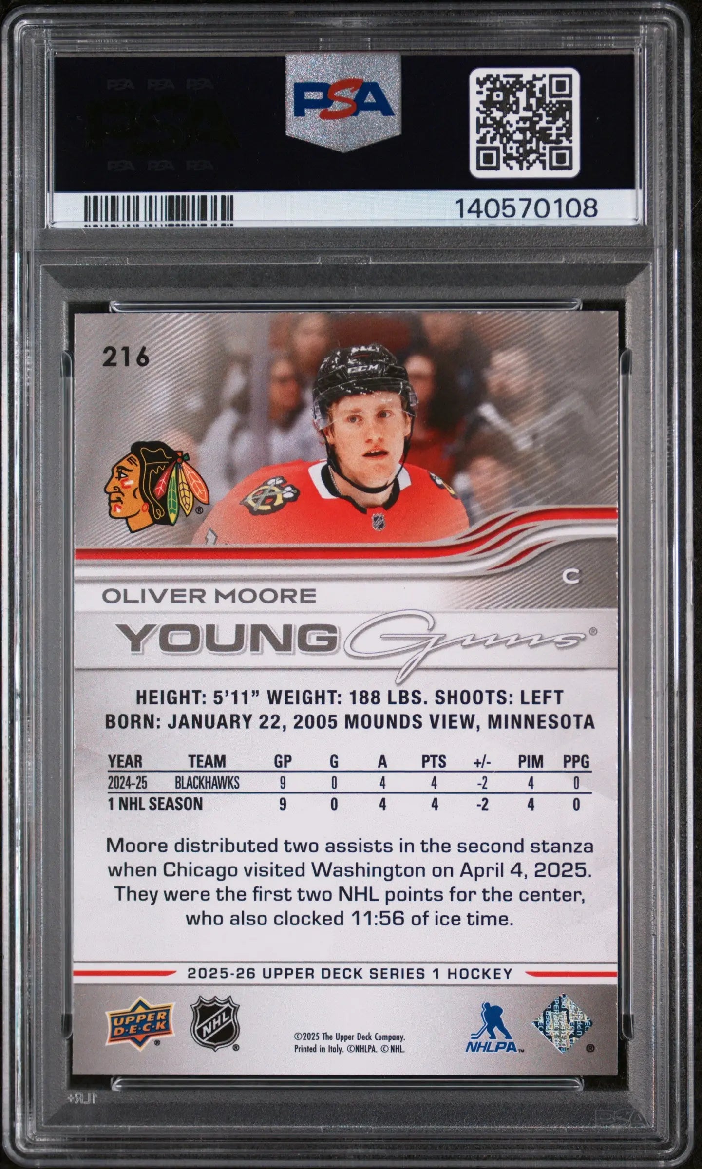 2025 Upper Deck Series 1 Young Guns Rookie Oliver Moore Deluxe RC /250 PSA 9 