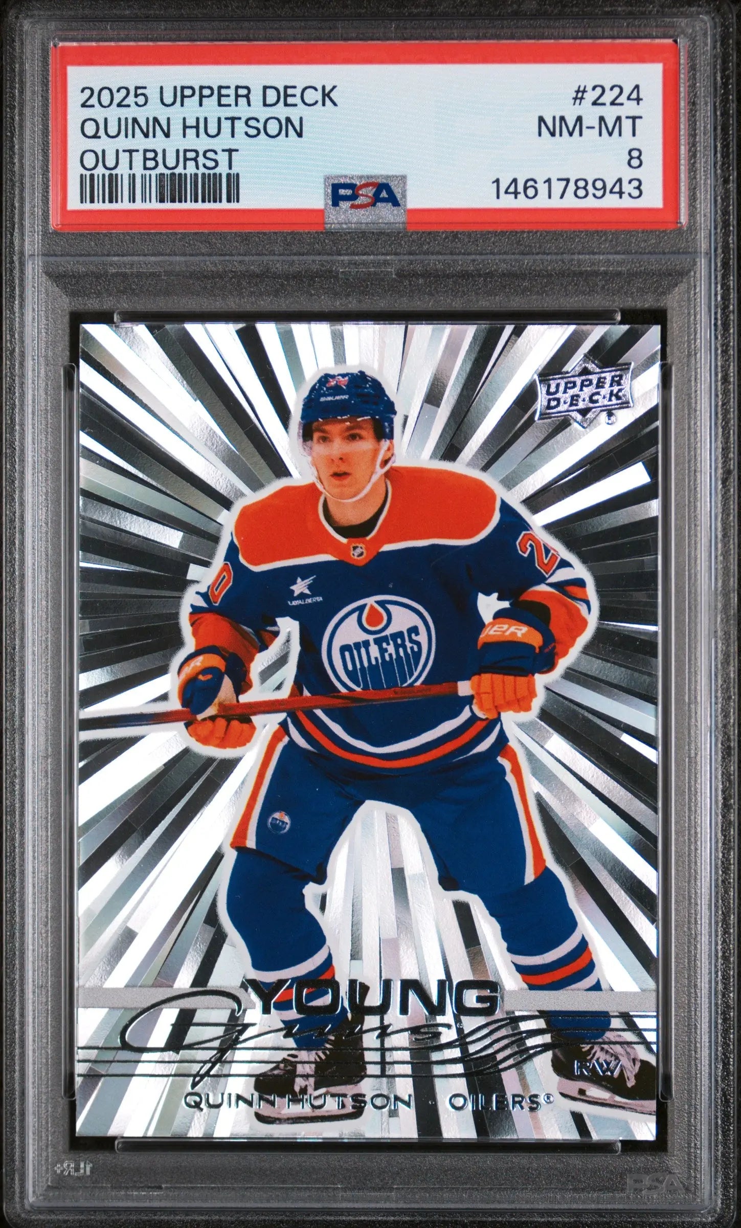 2025 Upper Deck Series 1 Young Guns Rookie Quinn Hutson Outburst RC PSA 8 