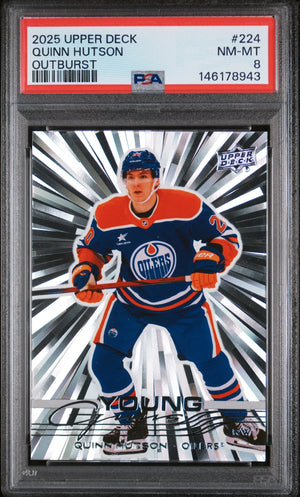 2025 Upper Deck Series 1 Young Guns Rookie Quinn Hutson Outburst RC PSA 8 