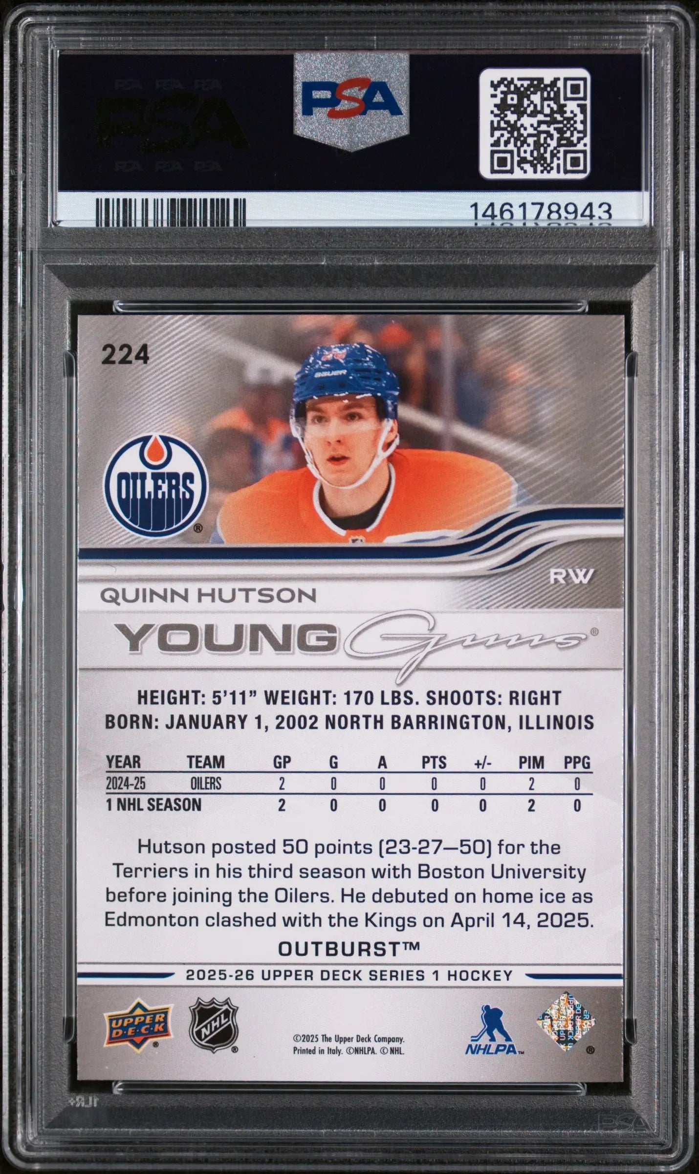 2025 Upper Deck Series 1 Young Guns Rookie Quinn Hutson Outburst RC PSA 8 