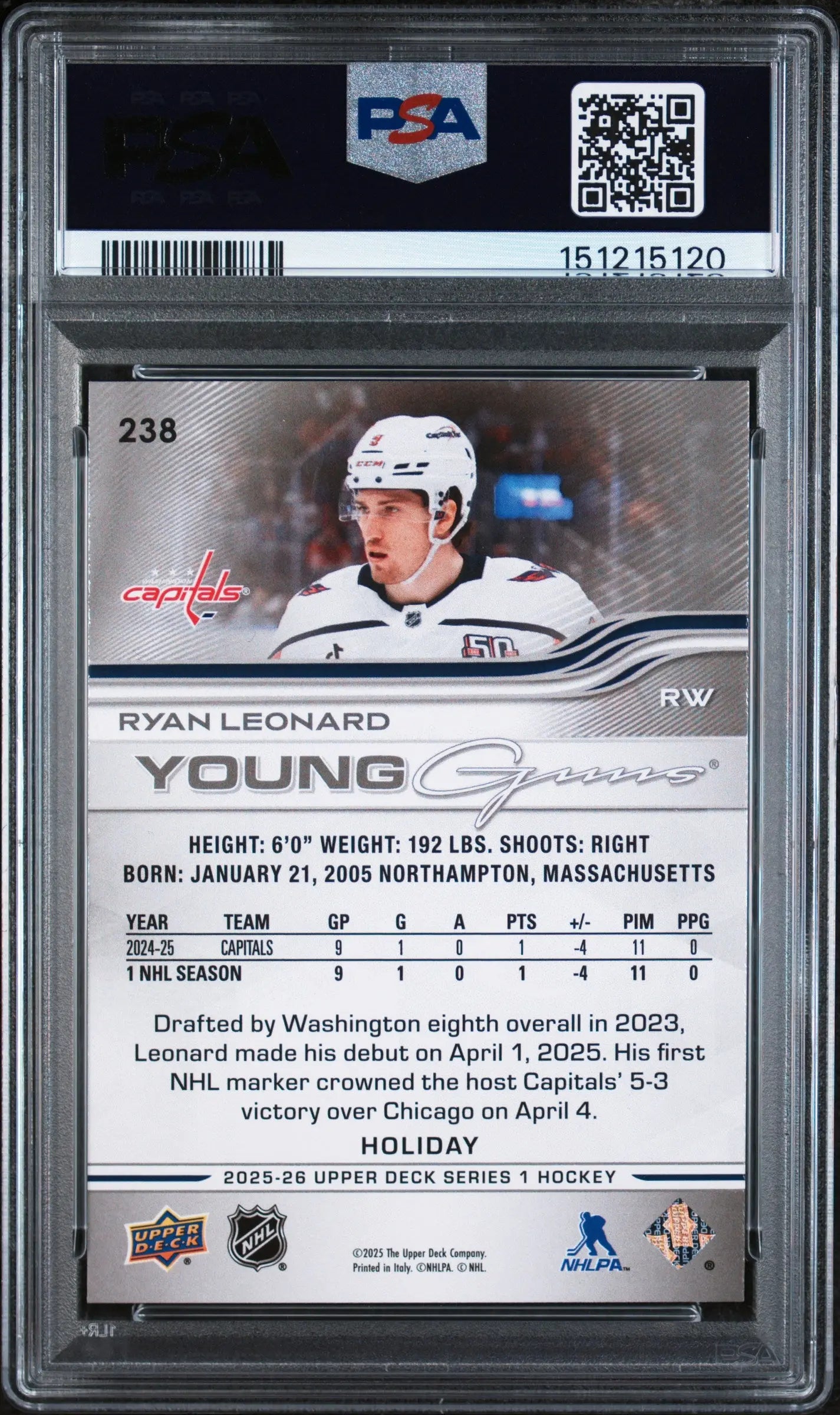 2025 Upper Deck Series 1 Young Guns Rookie Ryan Leonard Holiday RC PSA 9 