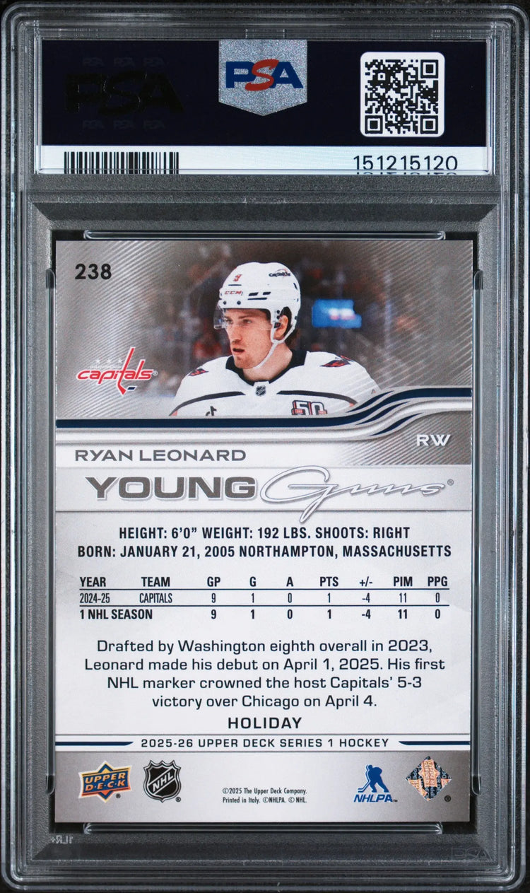 2025 Upper Deck Series 1 Young Guns Rookie Ryan Leonard Holiday RC PSA 9 
