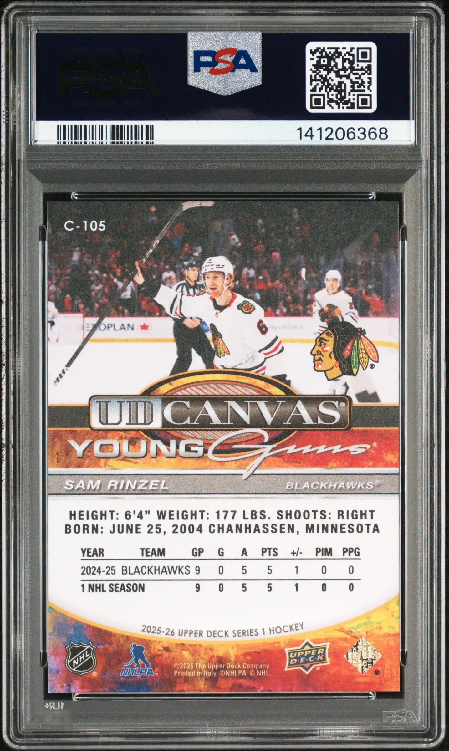2025 Upper Deck Series 1 Young Guns Rookie UD Canvas Sam Rinzel RC PSA 9 