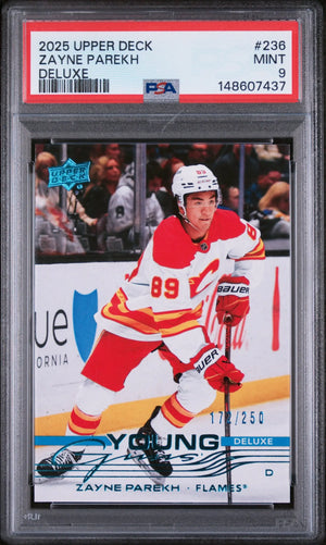 2025 Upper Deck Series 1 Young Guns Rookie Zayne Parekh Deluxe /250 RC PSA 9 