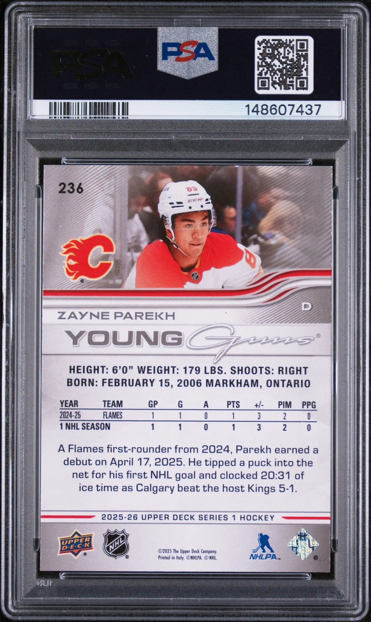 2025 Upper Deck Series 1 Young Guns Rookie Zayne Parekh Deluxe /250 RC PSA 9 