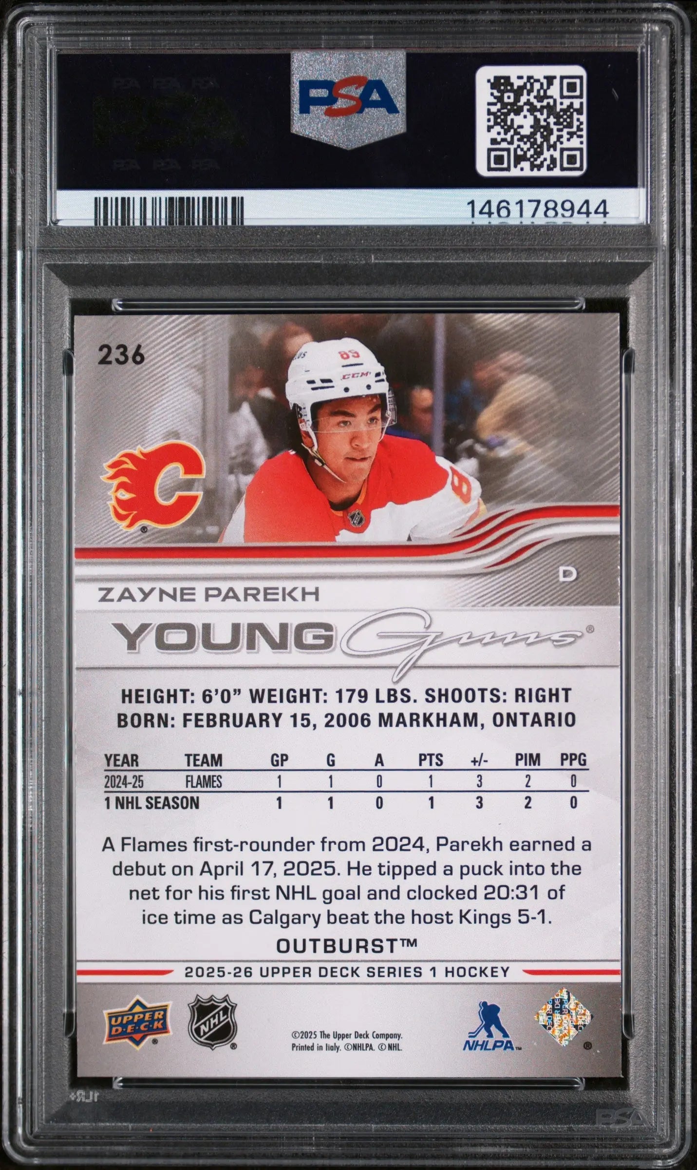 2025 Upper Deck Series 1 Young Guns Rookie Zayne Parekh Outburst RC PSA 9 