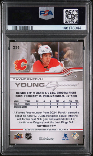2025 Upper Deck Series 1 Young Guns Rookie Zayne Parekh Outburst RC PSA 9 