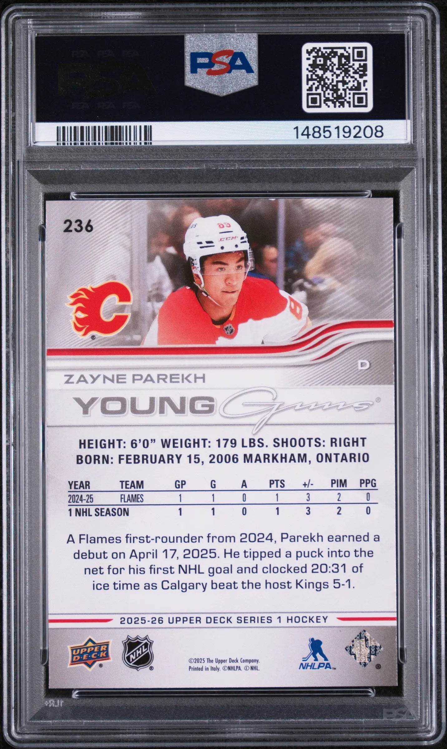 2025 Upper Deck Series 1 Young Guns Rookie Zayne Parekh RC PSA 9 